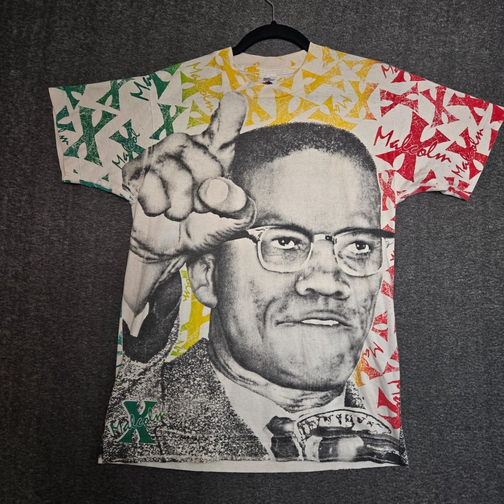 Vintage 90s Malcolm X All Over Print Shirt Single Stitch‎ Black History Large